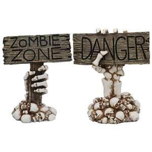 Halloween decorative resin props featuring skeleton hand signs Zombie Zone and Danger