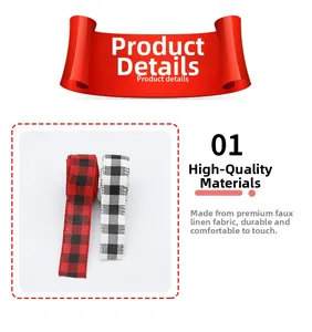 Close-up of red, black, and white buffalo plaid ribbons in durable imitation linen fabric