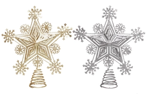 Detail of gold and silver snowflake tree toppers with glitter finish and spring base