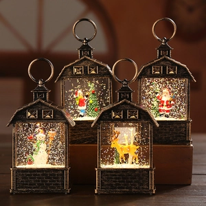 Vintage Christmas Barn Lantern LED Night Light Water Filled Glitter Snow Globe Santa Snowman Elk Decorative Ornament