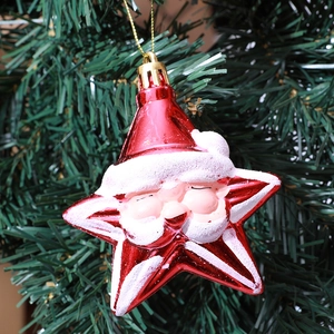 Star-shaped Santa Claus ornament in red mirror finish hanging on a green Christmas tree