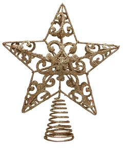 Detailansicht der goldenen Glitzer-Christbaumspitze mit filigranem Sternmuster