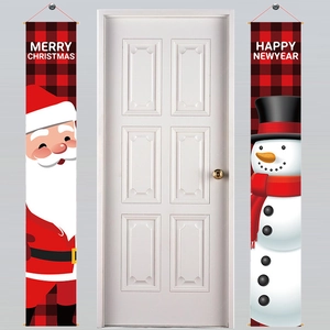 Christmas banners with Santa and Snowman in buffalo check for festive front door decor
