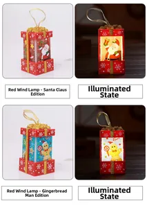 Detail of red Christmas lantern ornaments with Santa patterns and warm LED glow