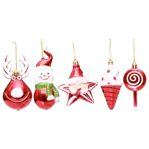 5-piece red and white Christmas ornament set with reindeer, snowman and lollipop