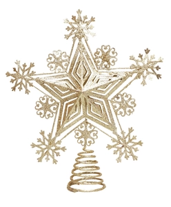 Detail of gold glitter snowflake star tree topper with a spiral metal base for Christmas trees