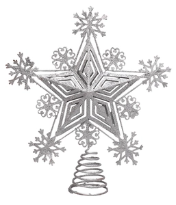 Detailed view of silver glitter star tree topper with metal wire snowflake design