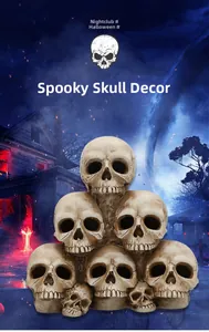 Detail of stacked Halloween skull lamp with realistic cracks for haunted house decor