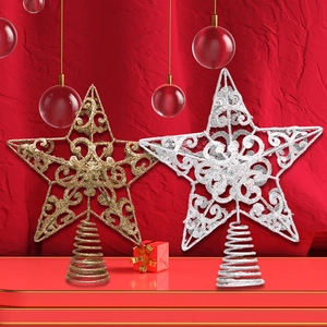 Funkelnde goldene und silberne Weihnachtsbaumspitzen Sterne mit Ornamenten Design