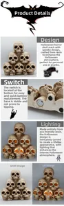 Detail of resin Halloween skull stack featuring bottom battery compartment and LED switch