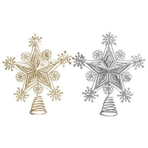 Set of gold and silver glitter Christmas tree star toppers with elegant snowflake patterns