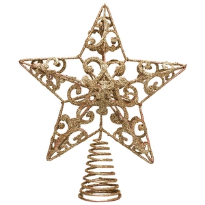 Funkelnde goldene Christbaumspitze als hohler Stern mit Glitzer und Spiralfuß-Halter