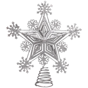 Silver glitter star and snowflake tree topper with a spiral spring base for Christmas decor
