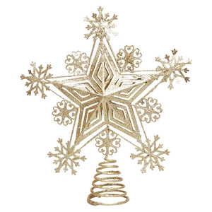 Glittery gold Christmas tree topper with star and snowflake design on white background
