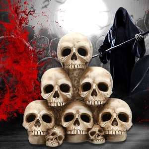 Halloween LED Stacked Skull Skeleton Heads Decoration Resin Gothic Ornament For Haunted House Party Home Table Decor