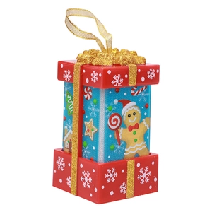 Christmas gift box ornament with red and blue festive patterns and gold glitter bow