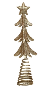 Detailed view of a gold glitter star Christmas tree topper with spiral metal base