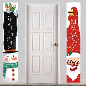 Christmas porch banners featuring Santa and Snowman designs on red Oxford fabric