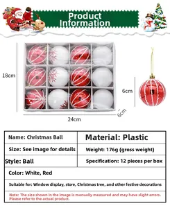 Set of 12 red and white painted Christmas balls with size markings and package details