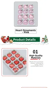 Set di 12 ornamenti natalizi a forma di cuore in plastica rosa e rossa in un vassoio