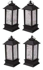 Lot de quatre lanternes d'Halloween noires avec motifs effrayants et anneaux de suspension