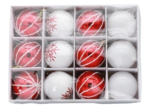 Set of 12 red and white painted Christmas balls with snowflake patterns and glittery stripes