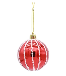 Close-up of red Christmas ball with white 3D textured vertical stripes and gold cap