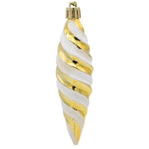 Detailed view of spindle-shaped Christmas ornament with gold spiral and white glitter finish