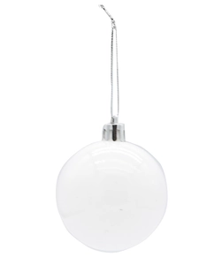 Close-up of polished white Christmas ball ornament with silver metallic cap and string