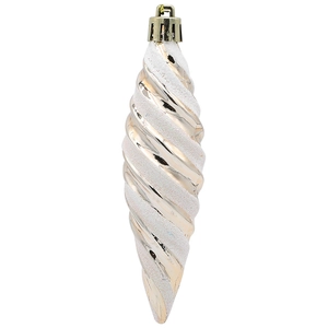Detailed close-up of champagne gold and white spiral icicle Christmas tree ornament