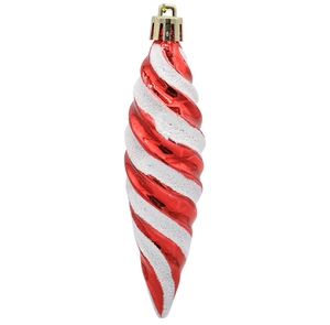 Close-up of spindle Christmas ornament with red and white glitter spiral pattern