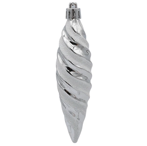 Detail of silver spiral Christmas ornament with sparkling glitter and metallic finish