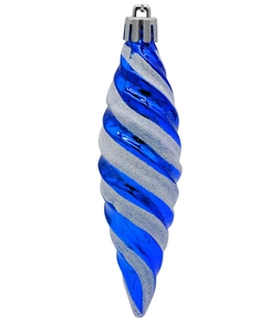Macro detail of blue and white glitter spiral drop ornament with silver hanging cap
