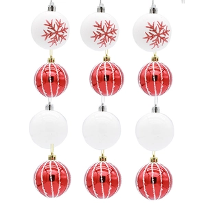 Set of 12 red and white painted Christmas tree ornaments with glitter snowflake patterns