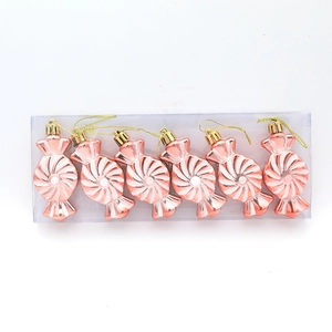 Lot de 6 décorations de sapin de Noël en forme de bonbon rose avec rayures spirales blanches