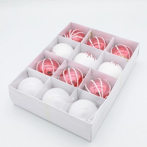 Set of 12 Christmas balls in pink and white with glitter snowflake patterns in a gift box