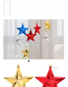 Detail showing red, blue, gold, and silver 15cm metallic stars with hanging loops