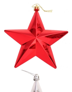 Detail of red metallic star ornament with gold hanging string for Christmas decoration
