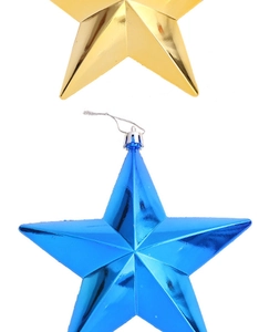 Close-up of shiny electroplated gold and blue star ornaments for Christmas decor