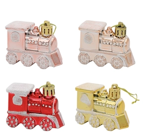 Lot de quatre ornements de train de Noël scintillants en or métallique, rouge et rose