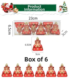 Set of 6 red Christmas tree ornaments in money bag shape with gold glitter bows and stars