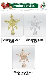 Close-up of hollow glitter tree toppers in gold, silver, and rose gold with spring base