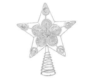 Silver glitter Christmas tree topper star with spiral base on white background