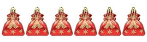Set of six red electroplated plastic Christmas money bag ornaments with gold star patterns