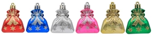 Detailed view of six colorful electroplated Christmas money bag ornaments with glitter bows