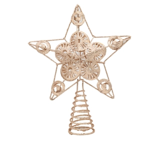 Detail of rose gold Christmas tree topper star with intricate circular patterns and glitter