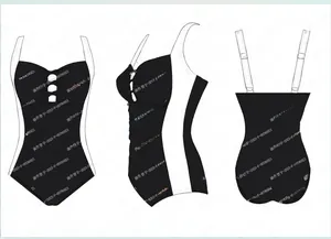 Vue en trois angles du maillot de bain une pièce noir et blanc avec découpes et fronces