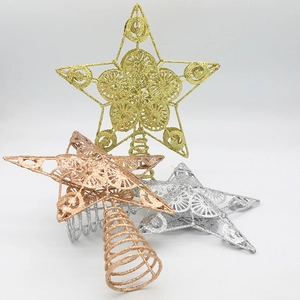 Three glittery Christmas tree toppers in gold, silver and rose gold with metal wire design