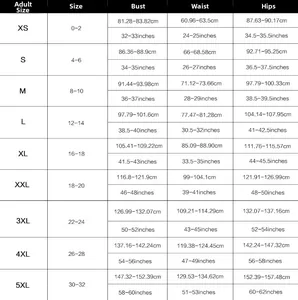 Detailed size chart for women's athletic one-piece swimsuit from sizes XS to 5XL