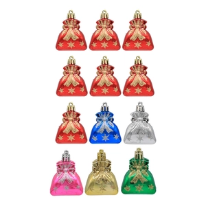 Set of 12 colorful Christmas money bag hanging ornaments with glitter bow and snowflake